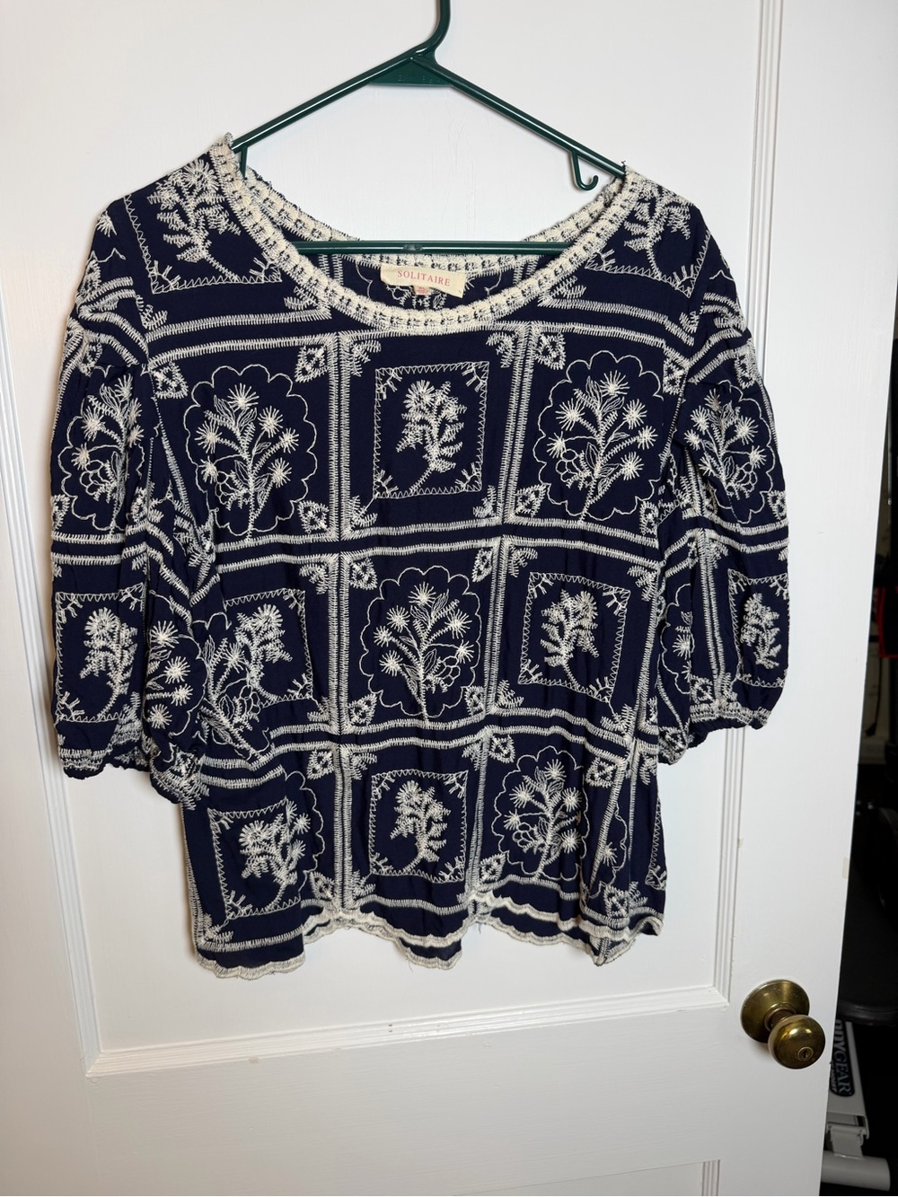 Solitaire Navy/White Floral Embroidered Rayon Blouse 3/4 Puff Sleeve XL